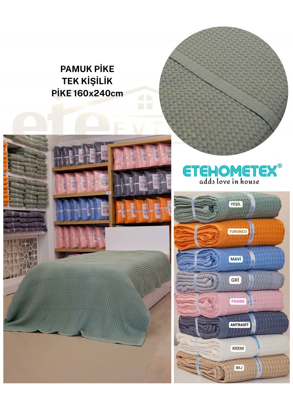 ETEHOMETEX HAVUZLU PİKE TEK KİŞİLİK 160X240CM YEŞİL 8696474232076
